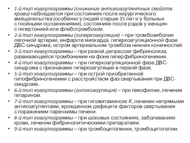 1-й тип коагулограммы (снижение антикоагулянтных свойств крови) наблюдается при состояниях после