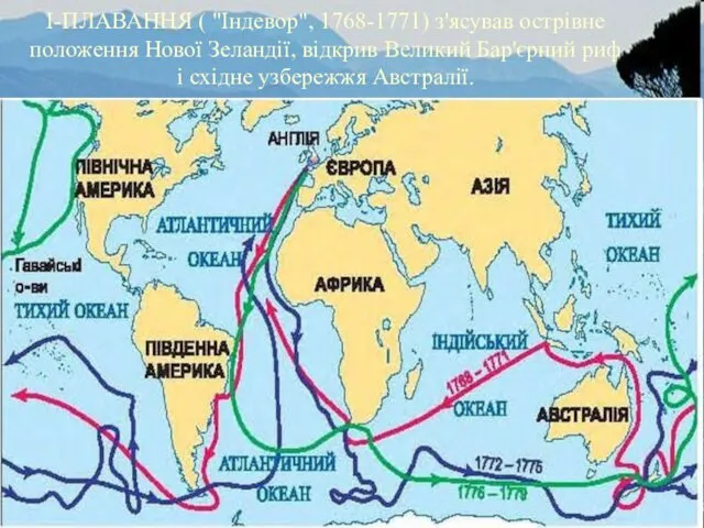 І-ПЛАВАННЯ ( "Індевор", 1768-1771) з'ясував острівне положення Нової Зеландії, відкрив Великий