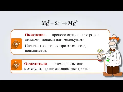 Окислители — атомы, ионы или молекулы, принимающие электроны. Mg – 2е-