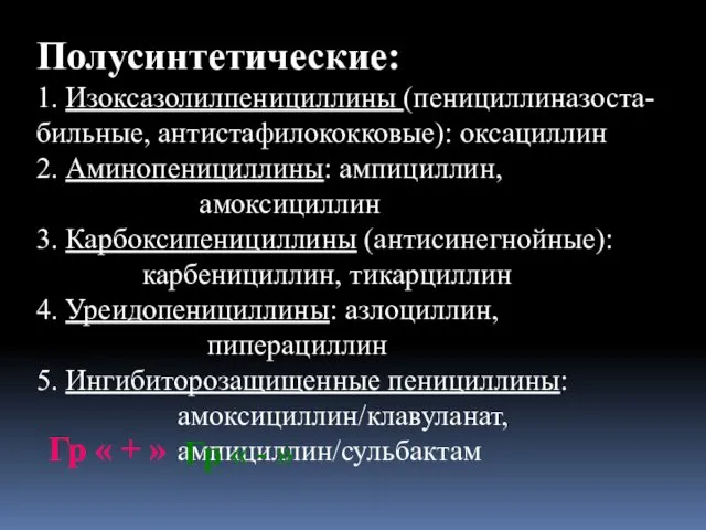 Полусинтетические: 1. Изоксазолилпенициллины (пенициллиназоста-бильные, антистафилококковые): оксациллин 2. Аминопенициллины: ампициллин, амоксициллин 3.