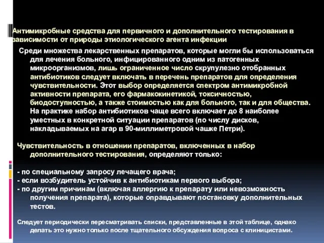 Практика определения чувствительности микроорганизмов к антимикробным препаратам Антимикробные средства для первичного