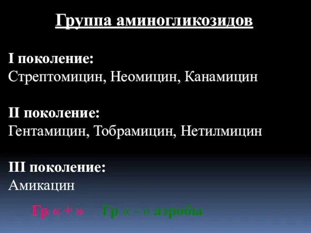 Группа аминогликозидов I поколение: Стрептомицин, Неомицин, Канамицин II поколение: Гентамицин, Тобрамицин,