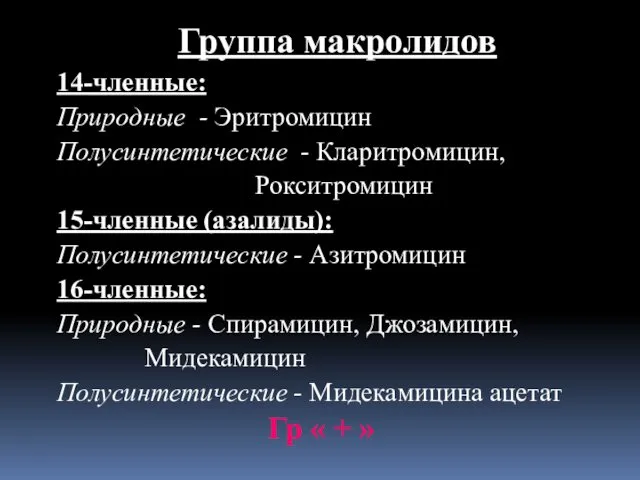 Группа макролидов 14-членные: Природные - Эритромицин Полусинтетические - Кларитромицин, Рокситромицин 15-членные