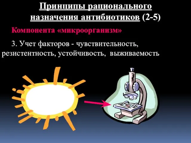 Принципы рационального назначения антибиотиков (2-5) Компонента «микроорганизм» 3. Учет факторов - чувствительность, резистентность, устойчивость, выживаемость