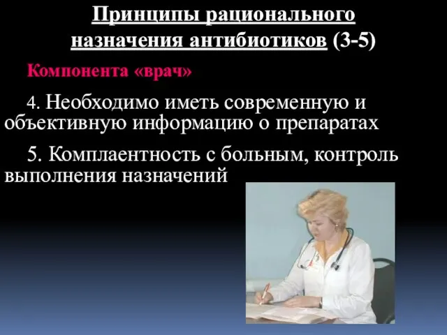 Принципы рационального назначения антибиотиков (3-5) Компонента «врач» 4. Необходимо иметь современную