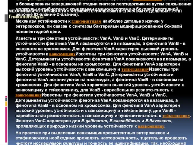 МЕХАНИЗМЫ УСТОЙЧИВОСТИ К АНТИБАКТЕРИАЛЬНЫМ ПРЕПАРАТАМ ОТДЕЛЬНЫХ ГРУПП Гликопептиды Модификация мишени действия.