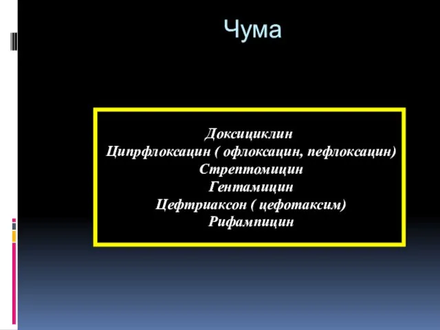 Чума Доксициклин Ципрфлоксацин ( офлоксацин, пефлоксацин) Стрептомицин Гентамицин Цефтриаксон ( цефотаксим) Рифампицин