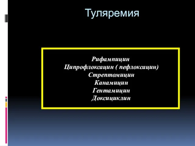 Туляремия Рифампицин Ципрофлоксацин ( пефлоксацин) Стрептомицин Канамицин Гентамицин Доксициклин