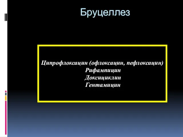 Бруцеллез Ципрофлоксацин (офлоксацин, пефлоксацин) Рифампицин Доксициклин Гентамицин