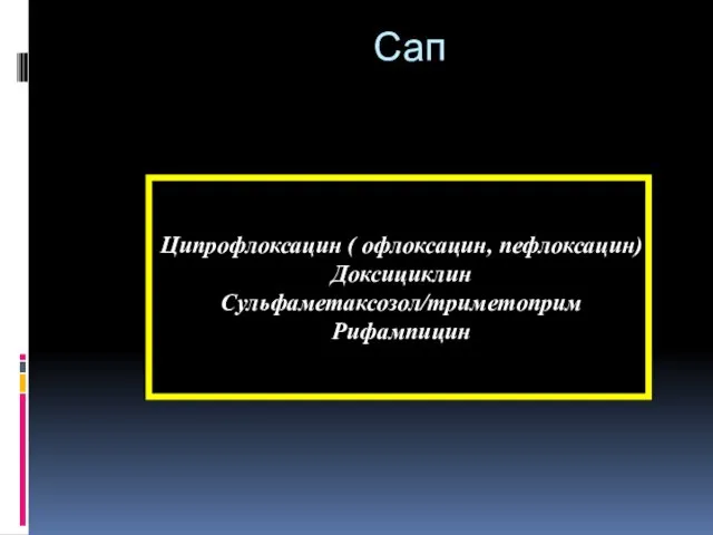 Сап Ципрофлоксацин ( офлоксацин, пефлоксацин) Доксициклин Сульфаметаксозол/триметоприм Рифампицин