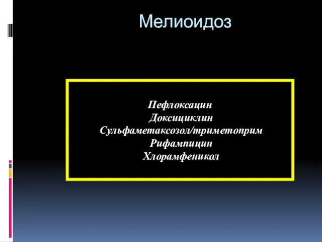 Мелиоидоз Пефлоксацин Доксициклин Сульфаметаксозол/триметоприм Рифампицин Хлорамфеникол