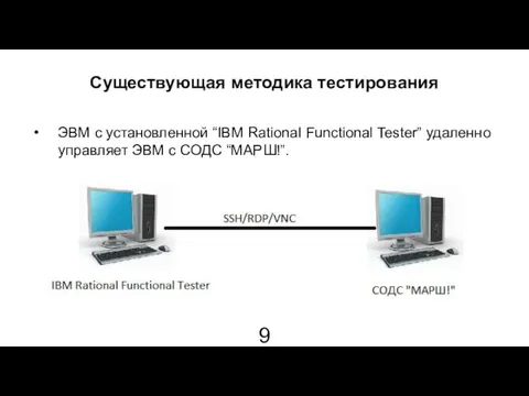 Существующая методика тестирования ЭВМ с установленной “IBM Rational Functional Tester” удаленно управляет ЭВМ с СОДС “МАРШ!”.