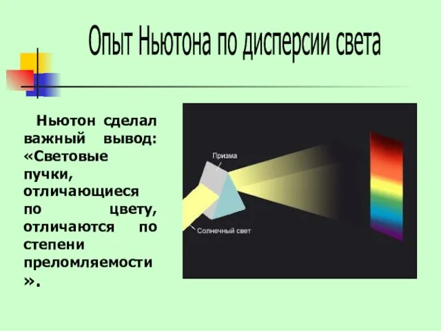 Опыт Ньютона по дисперсии света Ньютон сделал важный вывод: «Световые пучки,