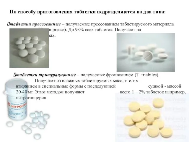 По способу приготовления таблетки подразделяются на два типа: таблетки прессованные –