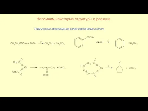 Напомним некоторые структуры и реакции Термические превращения солей карбоновых кислот