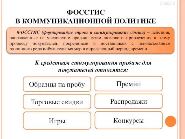 ФОССТИС В КОММУНИКАЦИОННОЙ ПОЛИТИКЕ Слайд 8 ФОССТИС (формирование спроса и стимулирование