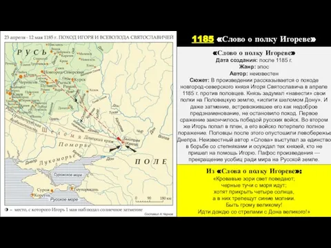 «Слово о полку Игореве» Дата создания: после 1185 г. Жанр: эпос