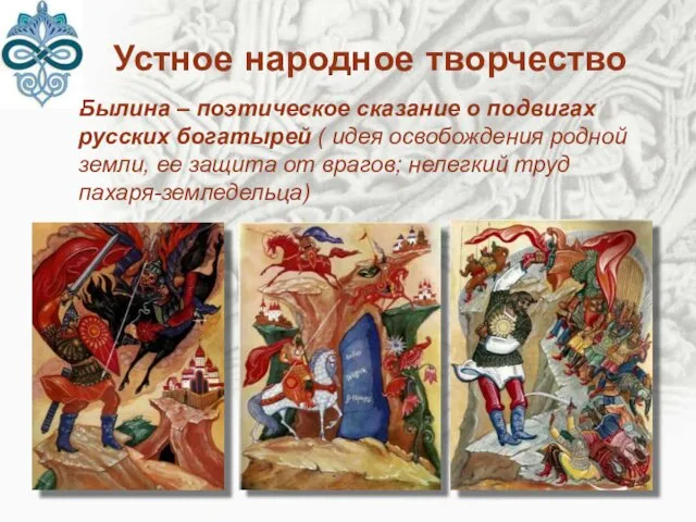 Устное народное творчество Былина – поэтическое сказание о подвигах русских богатырей
