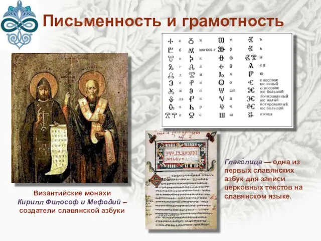 Письменность и грамотность Византийские монахи Кирилл Философ и Мефодий – создатели