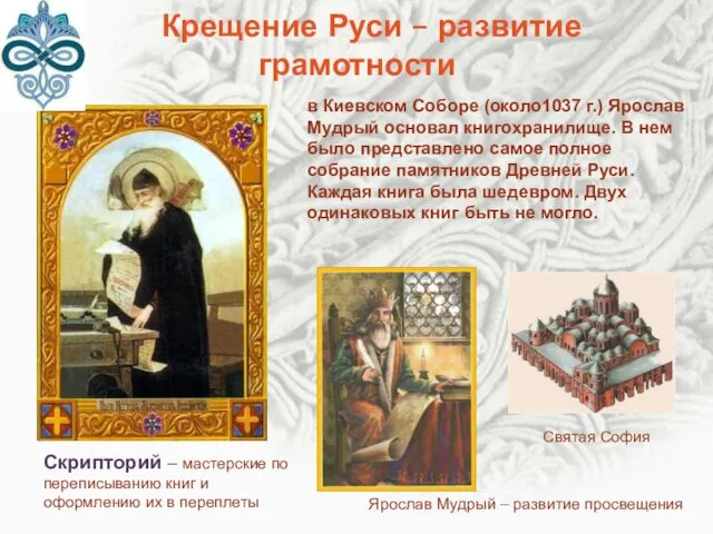 Крещение Руси – развитие грамотности Скрипторий – мастерские по переписыванию книг