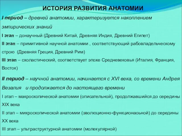 ИСТОРИЯ РАЗВИТИЯ АНАТОМИИ I период – древней анатомии, характеризуется накоплением эмпирических