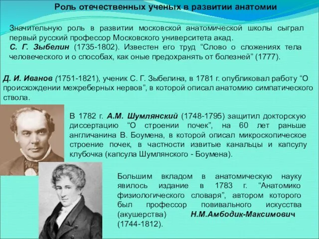 Роль отечественных ученых в развитии анатомии Значительную роль в развитии московской