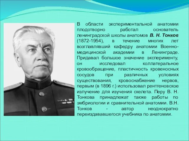 В области экспериментальной анатомии плодотворно работал основатель ленинградской школы анатомов В.