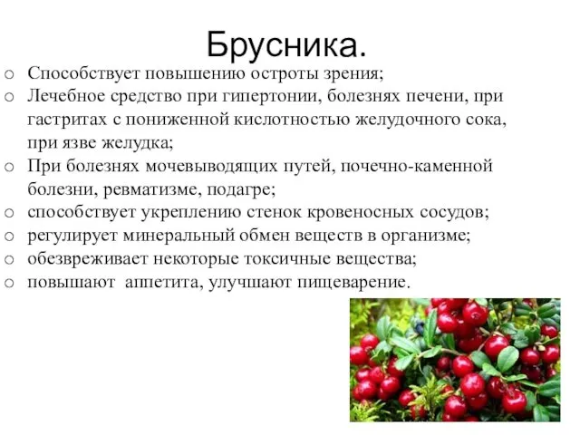 Брусника. Способствует повышению остроты зрения; Лечебное средство при гипертонии, болезнях печени,