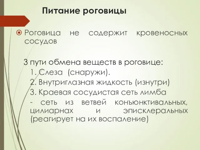 Питание роговицы Роговица не содержит кровеносных сосудов 3 пути обмена веществ