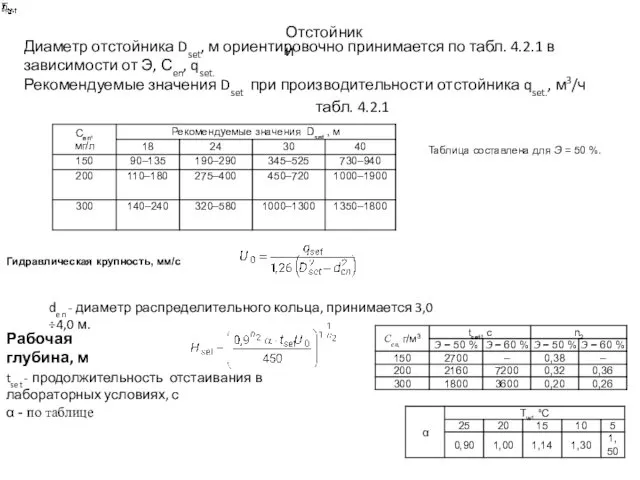 Отстойники Диаметр отстойника Dset, м ориентировочно принимается по табл. 4.2.1 в