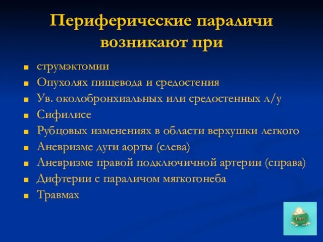 Периферические параличи возникают при струмэктомии Опухолях пищевода и средостения Ув. околобронхиальных