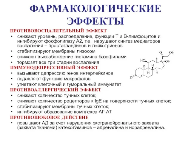 ФАРМАКОЛОГИЧЕСКИЕ ЭФФЕКТЫ ПРОТИВОВОСПАЛИТЕЛЬНЫЙ ЭФФЕКТ снижают уровень, распределение, функции Т и В-лимфоцитов