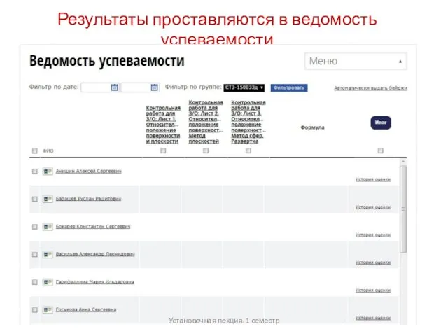 Результаты проставляются в ведомость успеваемости Установочная лекция. 1 семестр