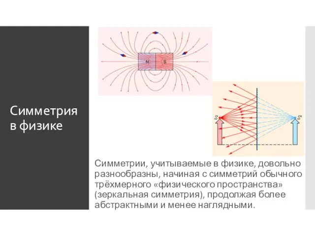 Симметрия в физике Симметрии, учитываемые в физике, довольно разнообразны, начиная с