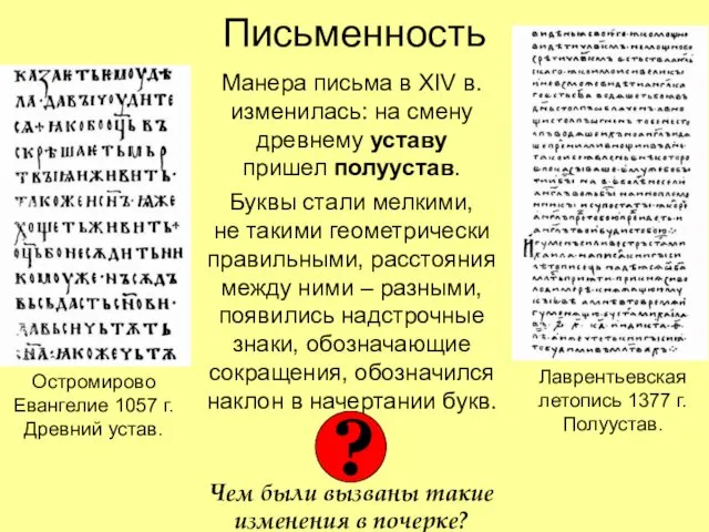 Письменность Манера письма в XIV в. изменилась: на смену древнему уставу