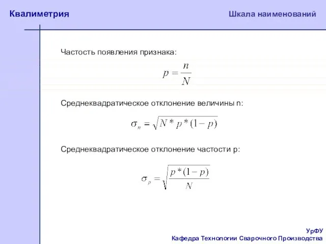 УрФУ Кафедра Технологии Сварочного Производства Квалиметрия Шкала наименований Частость появления признака: