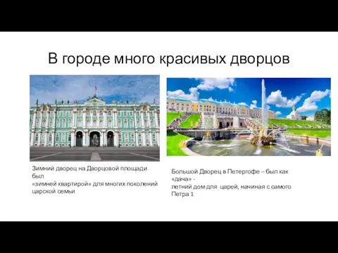 В городе много красивых дворцов Зимний дворец на Дворцовой площади был