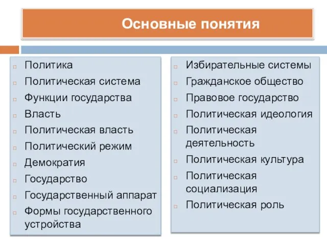 Основные понятия Политика Политическая система Функции государства Власть Политическая власть Политический