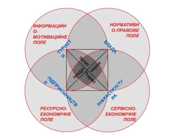 ІНФОРМАЦІЙНО-МОТИВАЦІЙНЕ ПОЛЕ НОРМАТИВНО-ПРАВОВЕ ПОЛЕ РЕСУРСНО-ЕКОНОМІЧНЕ ПОЛЕ СЕРВІСНО-ЕКОНОМІЧНЕ ПОЛЕ ТУРИСТИ ВЛАДА ІНФРАСТРУКТУРА ПІДПРИЄМНИЦТВО попит норми продукт сервіс