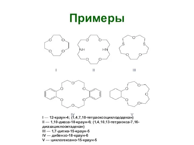 Примеры I — 12-краун-4; (1,4,7,10-тетраоксоциклододекан) II — 1,10-диаза-18-краун-6; (1,4,10,13-тетраокса-7,16-диазациклооктадекан) III —