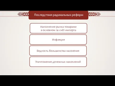 Положительные стороны Последствия радикальных реформ Наполнение рынка товарами в основном за