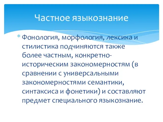 Фонология, морфология, лексика и стилистика подчиняются также более частным, конкретно-историческим закономерностям