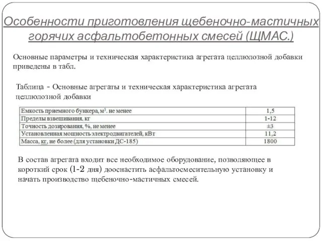 Особенности приготовления щебеночно-мастичных горячих асфальтобетонных смесей (ЩМАС.) Основные параметры и техническая