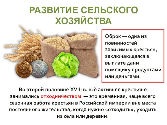 РАЗВИТИЕ СЕЛЬСКОГО ХОЗЯЙСТВА Во второй половине XVIII в. всё активнее крестьяне