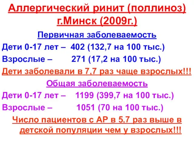 Аллергический ринит (поллиноз) г.Минск (2009г.) Первичная заболеваемость Дети 0-17 лет –