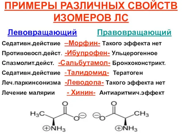 ПРИМЕРЫ РАЗЛИЧНЫХ СВОЙСТВ ИЗОМЕРОВ ЛС Левовращающий Правовращающий Седативн.действие –Морфин- Такого эффекта