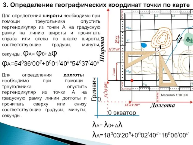 3. Определение географических координат точки по карте Для определения широты необходимо