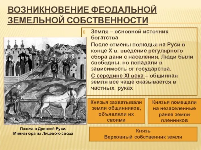 ВОЗНИКНОВЕНИЕ ФЕОДАЛЬНОЙ ЗЕМЕЛЬНОЙ СОБСТВЕННОСТИ Земля – основной источник богатства После отмены