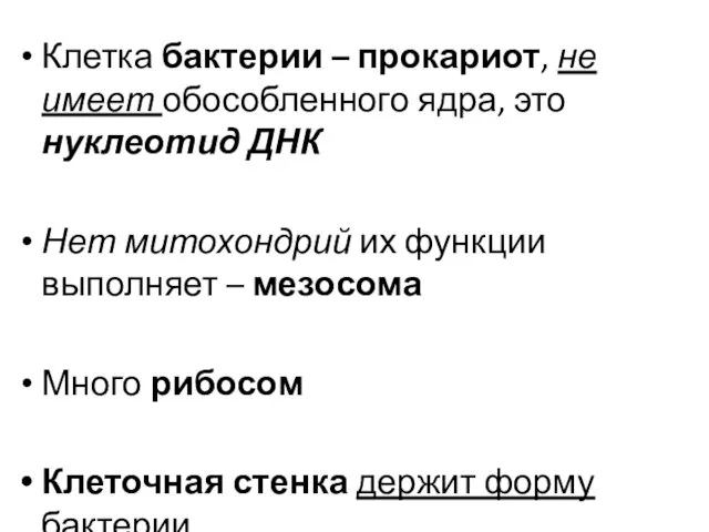 Клетка бактерии – прокариот, не имеет обособленного ядра, это нуклеотид ДНК