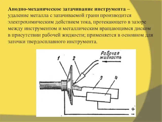 Анодно-механическое затачивание инструмента – удаление ме­талла с затачиваемой грани производится электрохимическим